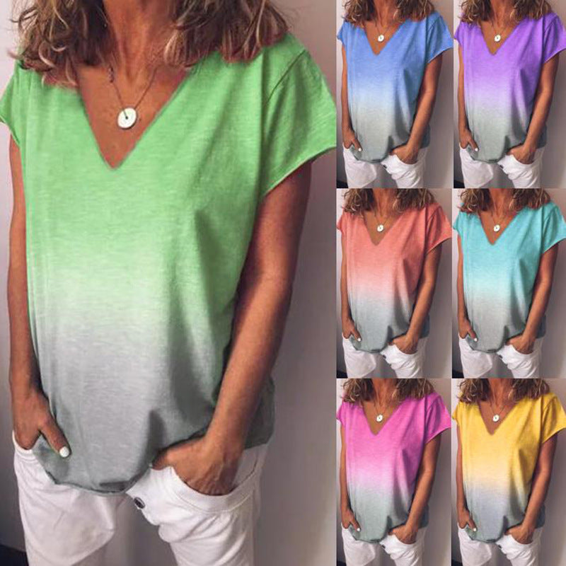 European and American foreign trade hot sale rainbow gradual change printing short-sleeved T-shirt women's clothing