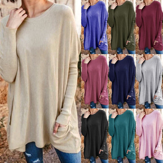 New Spring and Autumn Clothing European and American Casual Pockets Loose T-Shirt Women's Clothing