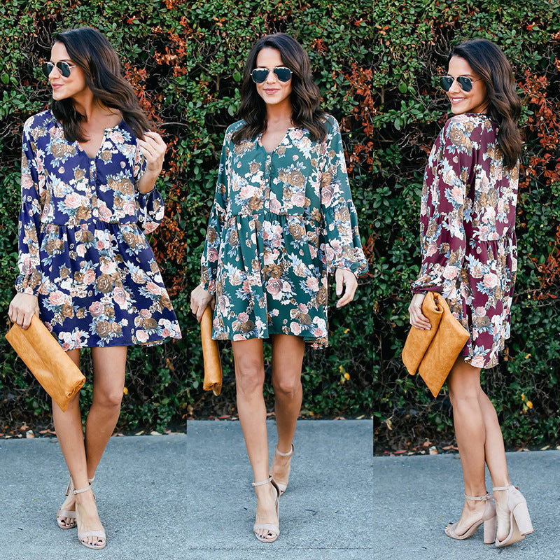 Europe and the United States foreign trade hot sale autumn wear long-sleeved printed dress large size women's clothing