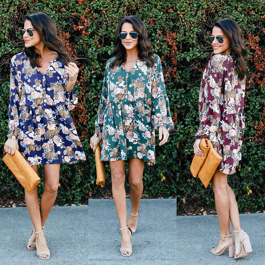 Europe and the United States foreign trade hot sale autumn wear long-sleeved printed dress large size women's clothing