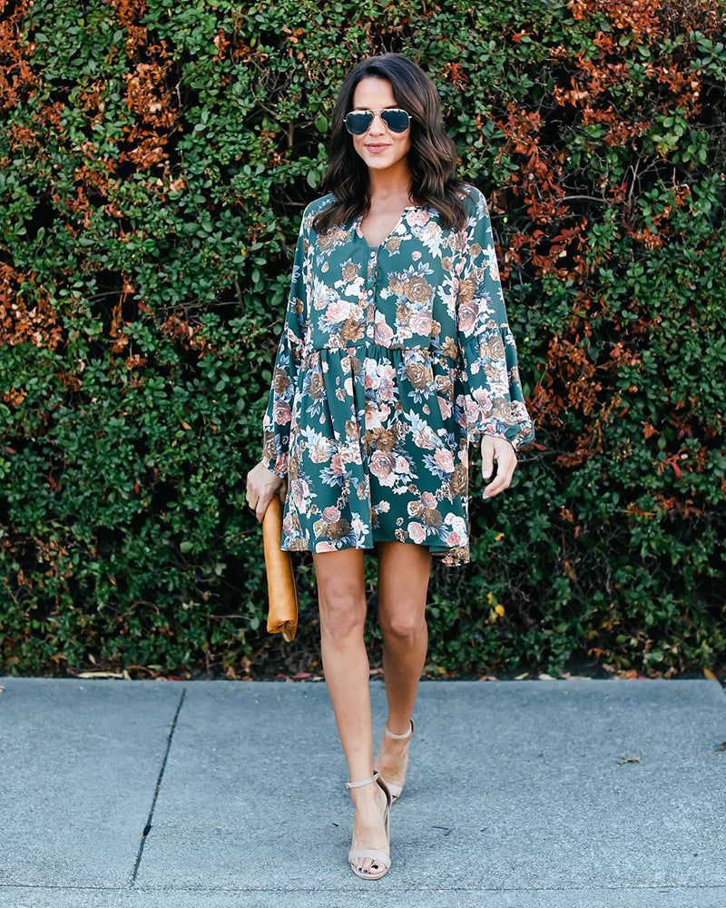 Europe and the United States foreign trade hot sale autumn wear long-sleeved printed dress large size women's clothing