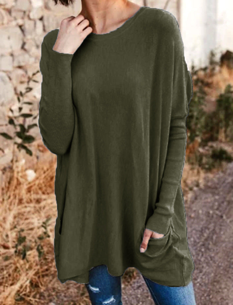 New Spring and Autumn Clothing European and American Casual Pockets Loose T-Shirt Women's Clothing