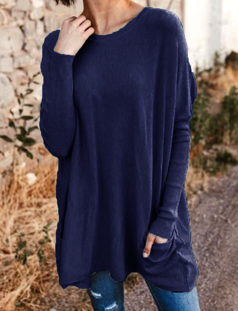 New Spring and Autumn Clothing European and American Casual Pockets Loose T-Shirt Women's Clothing