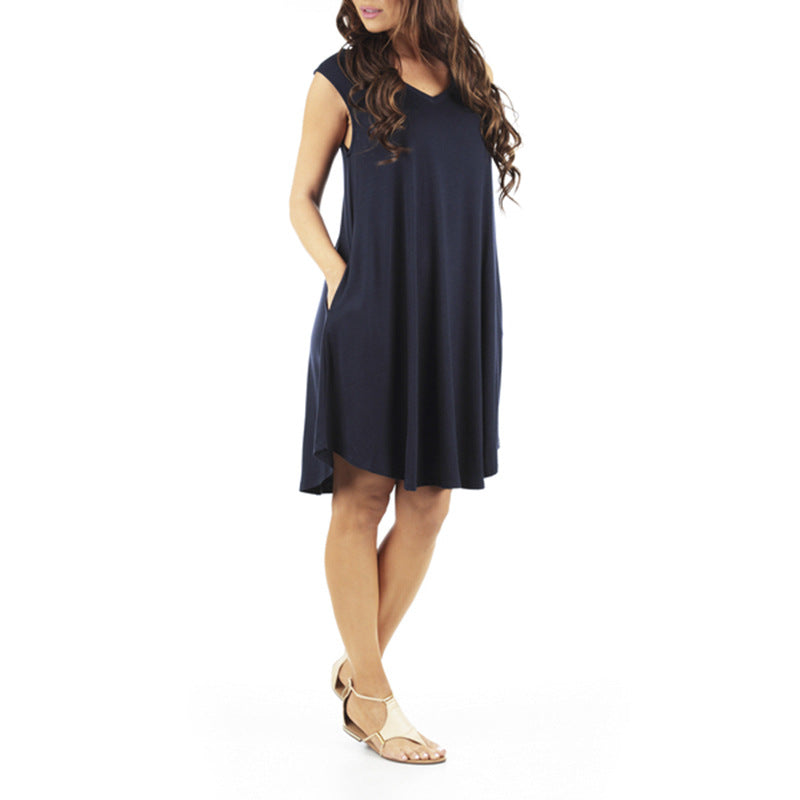 New European and American hot-selling summer sleeveless pocket V-neck vest dress women's clothing