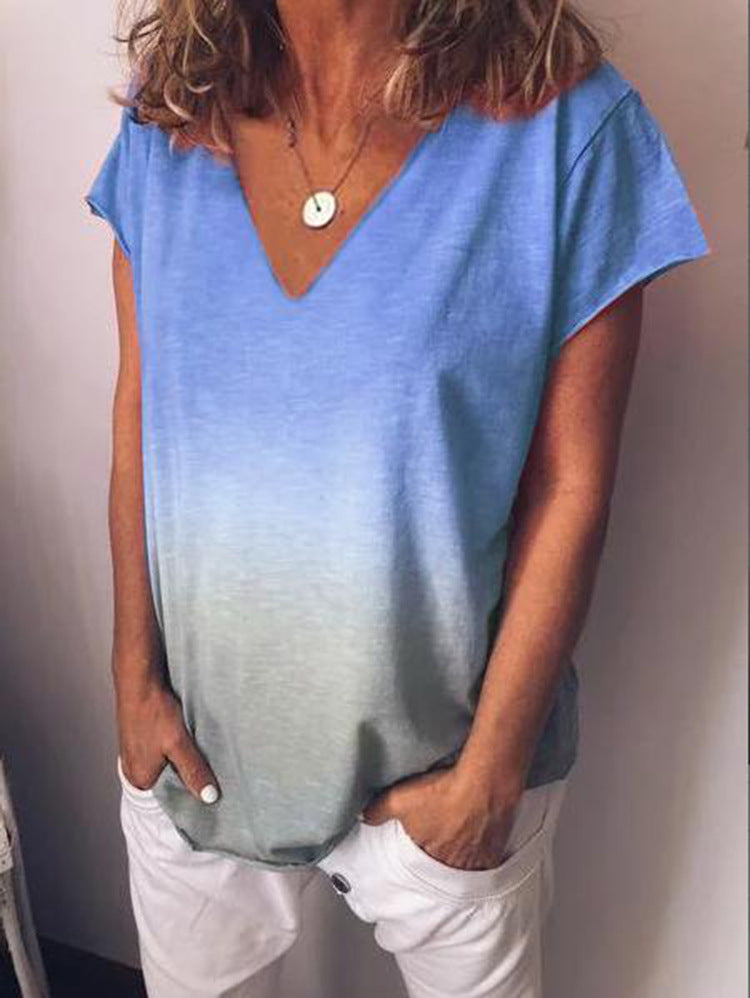 European and American foreign trade hot sale rainbow gradual change printing short-sleeved T-shirt women's clothing