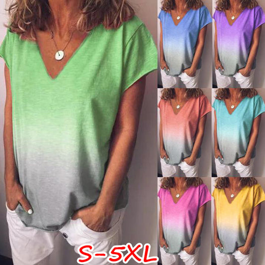 European and American foreign trade hot sale rainbow gradual change printing short-sleeved T-shirt women's clothing