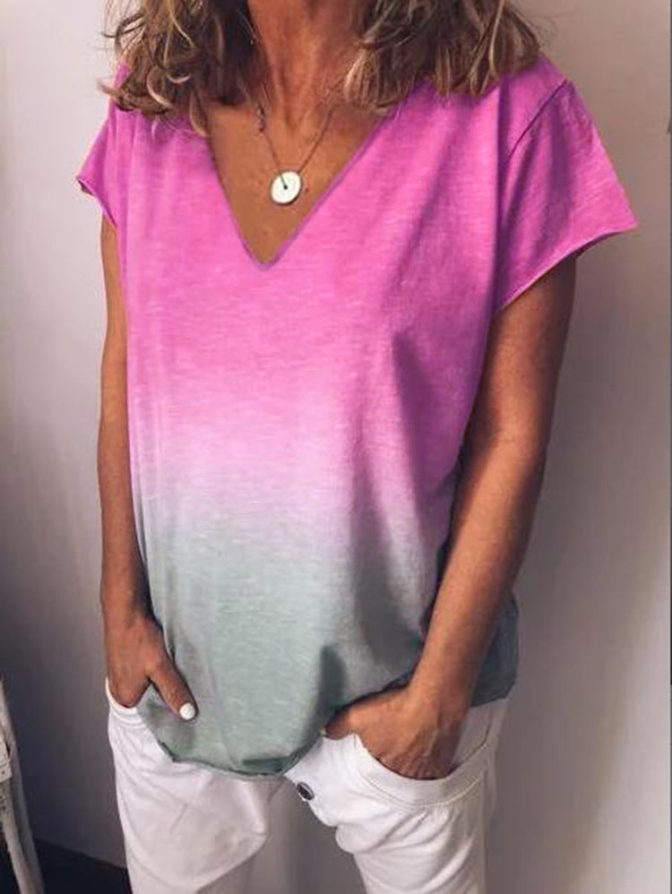 European and American foreign trade hot sale rainbow gradual change printing short-sleeved T-shirt women's clothing