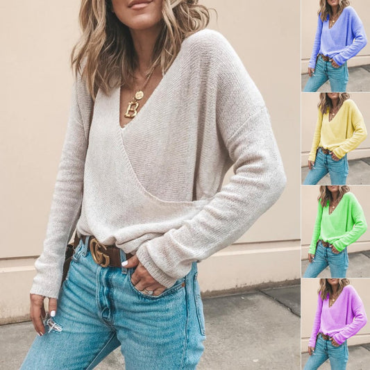 European and American casual solid color long-sleeved knitted sweater top women