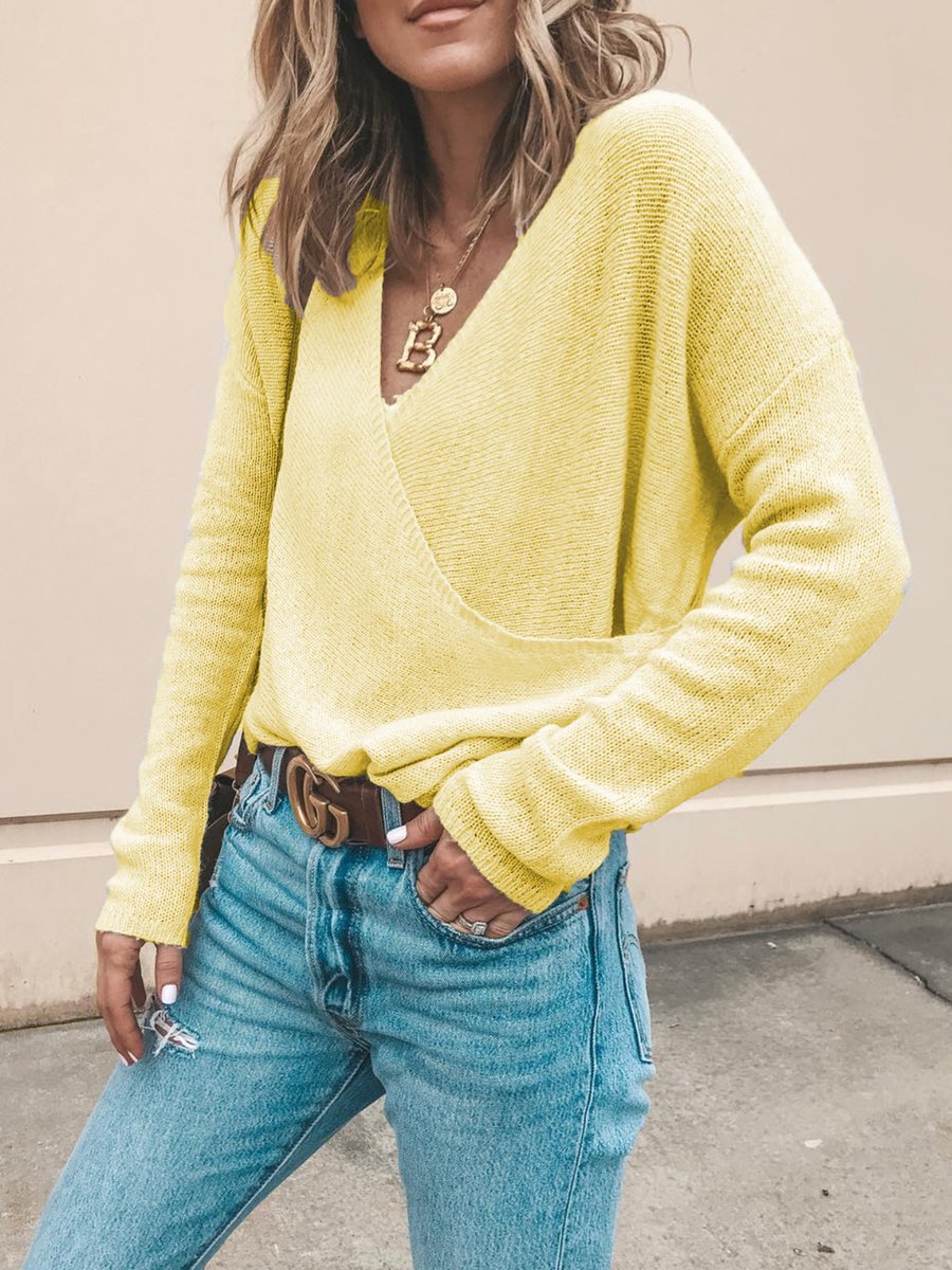 European and American casual solid color long-sleeved knitted sweater top women