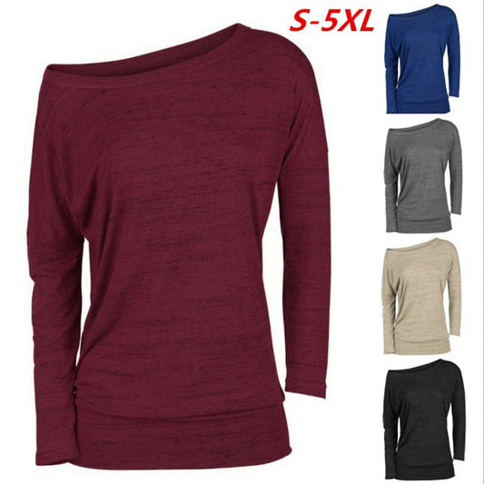 European and American autumn long-sleeved pullover loose solid color round neck T-shirt women's clothing