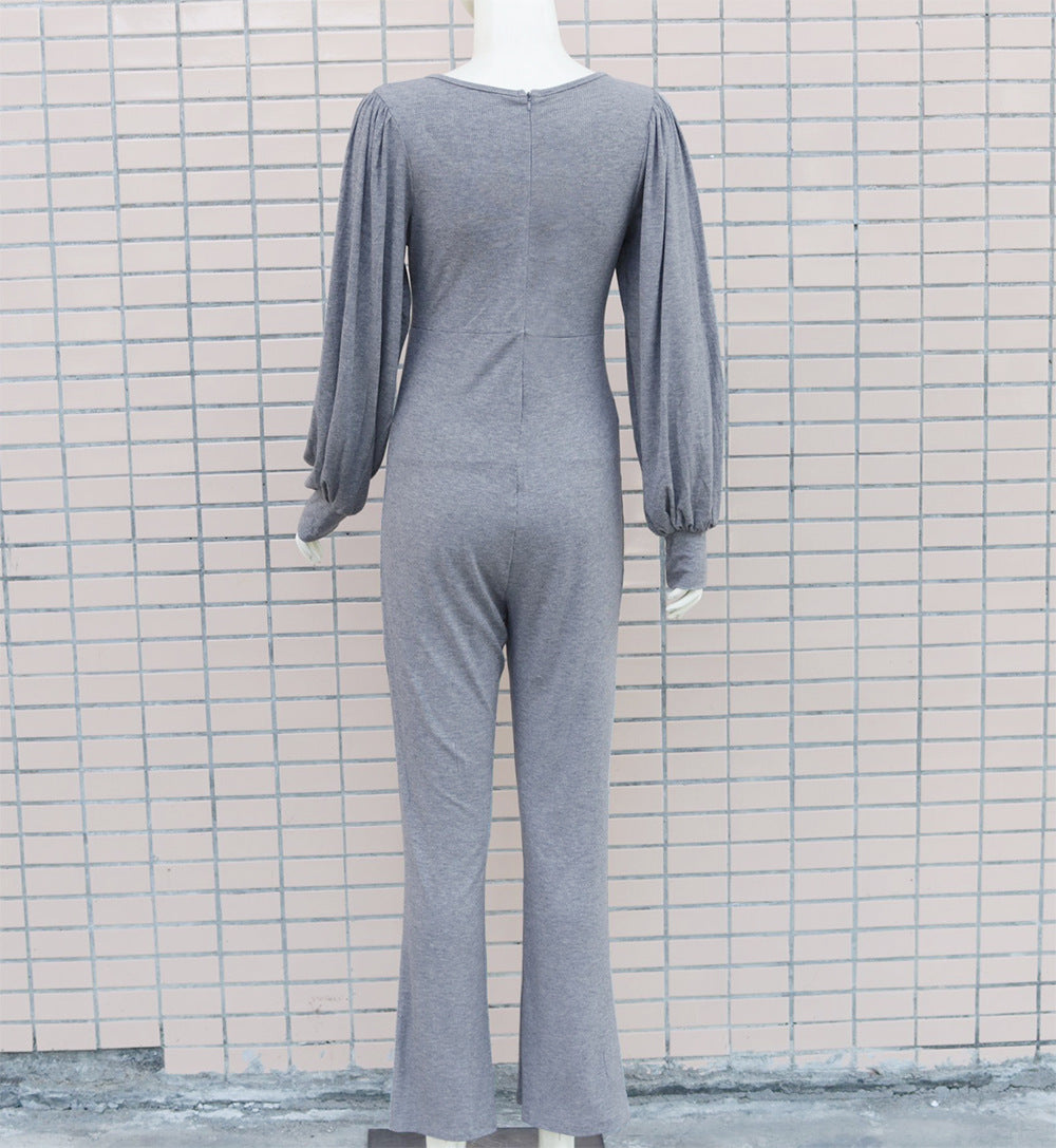 European and American jumpsuits women's crew neck long-sleeved slim-fit jumpsuit women's clothing  suits