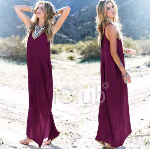 Spring and summer women's clothing, European and American sexy suspender dress splicing long dress beach dress