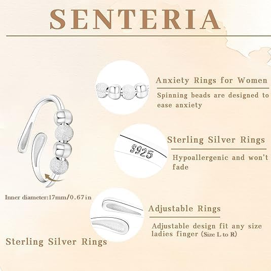 Manufacturer  Senteria Anxiety Rings for Women Sterling Silver Rings Adjustable Stress Spinner Rings with Beads Fidget Rings for Anxiety Women   rings
