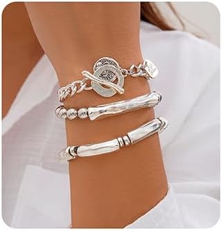 Manufacturer  Jumwrit 3pcs Boho Layered Beaded Bracelets Set for Women Dainty Stretch Elastic Round Ball Beads Tube Chunky Chain Bracelets Stackable Silver Toggle Cuban Link Bracelets Trendy Jewelry  bracelets
