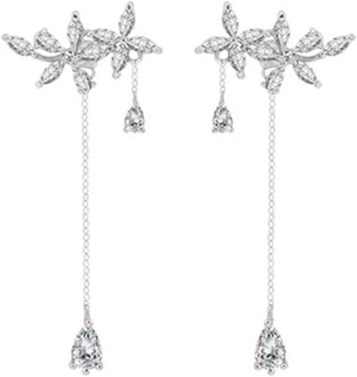 Manufacturer  SLUYNZ 925 Sterling Silver CZ Flowers Wrap Dangle Chain Earrings - Elegant Bridal Wedding Engagement Drop Earrings  earring