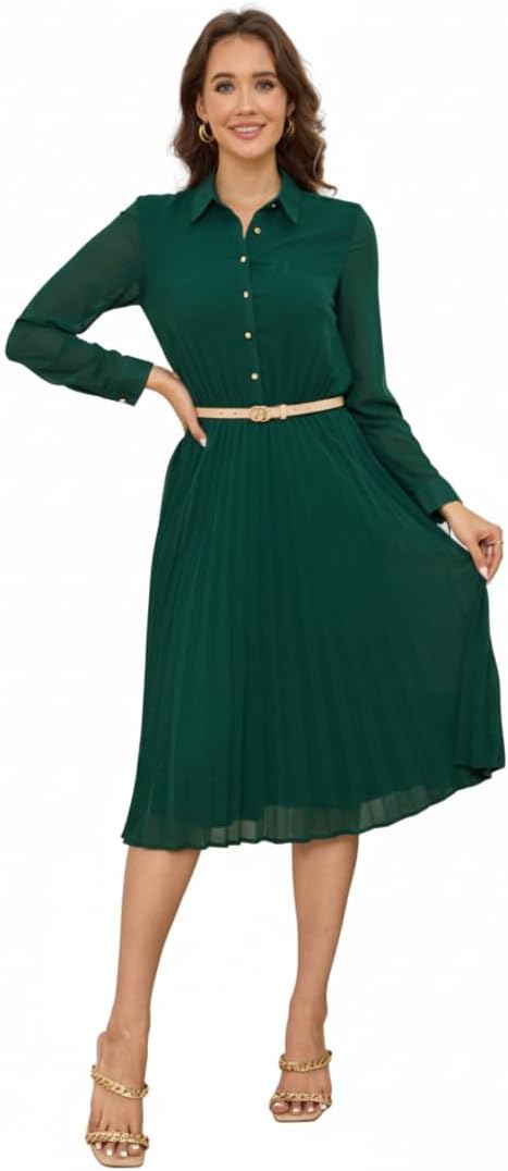 Manufacturer  Business Casual Shirt Dress for Women Long Sleeves Pleated Midi Dresses with Belt dresses