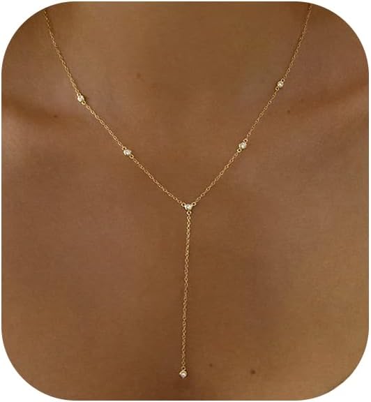 Manufacturer  Gold Necklace for Women, Dainty Gold Long Necklaces 14k Gold Plated Prom Bar CZ Lariat Necklace Simple Choker Necklaces for Women Trendy Fashion Costume Gold Jewelry Womens  Necklace