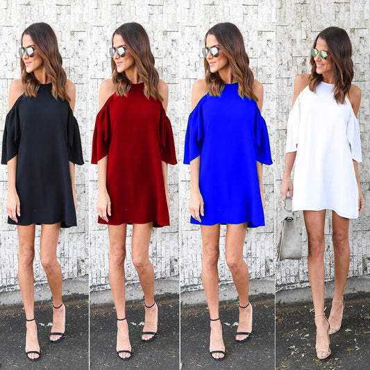 European and American summer women's clothing solid color off-the-shoulder suspender dress