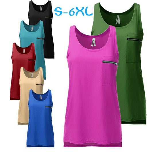Hot Sale Pocket Solid Color Chiffon T-Shirts Large Size Foreign Trade European and American Women's Vest New