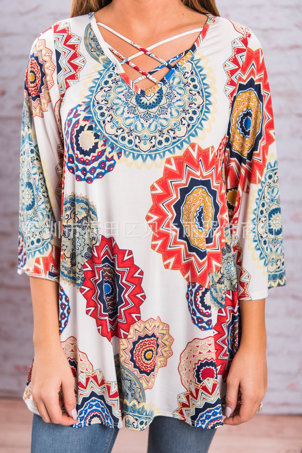 European and American women's clothing summer and autumn foreign trade hot sale loose V-neck cross-printed T-shirt top