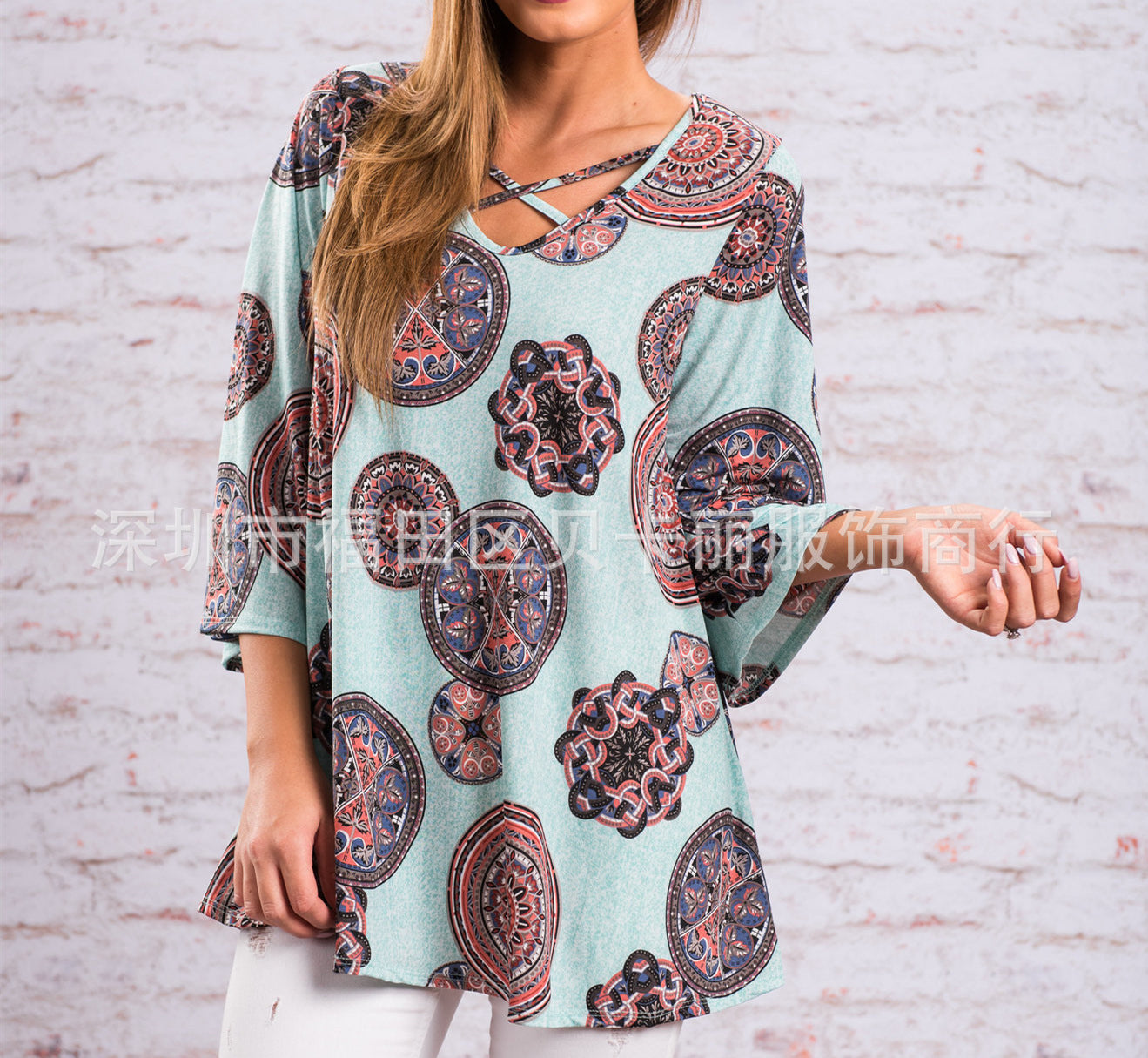 European and American women's clothing summer and autumn foreign trade hot sale loose V-neck cross-printed T-shirt top