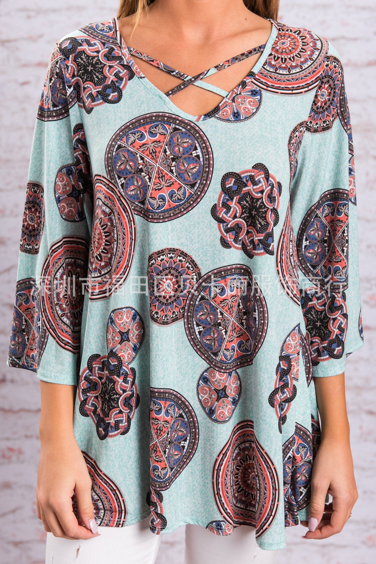 European and American women's clothing summer and autumn foreign trade hot sale loose V-neck cross-printed T-shirt top