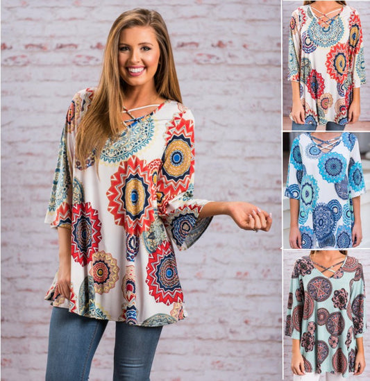 European and American women's clothing summer and autumn foreign trade hot sale loose V-neck cross-printed T-shirt top