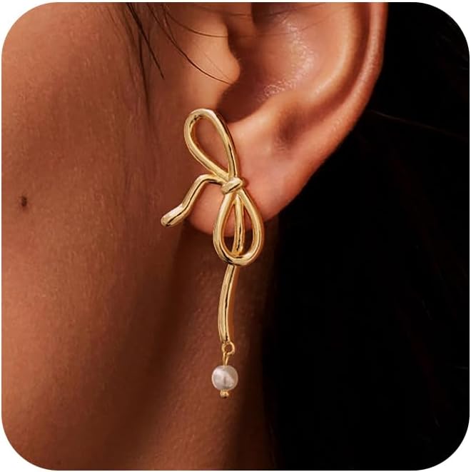 Manufacturer  14K Gold Plated/Silver Earrings for Women Trendy, Dainty Bow Earrings for Women Cute Pearl Huggie Earring Hoops Twist Rope Bow Stud Pearl Dangle Cubic Zirconia Earrings Jewelry Gifts  earring
