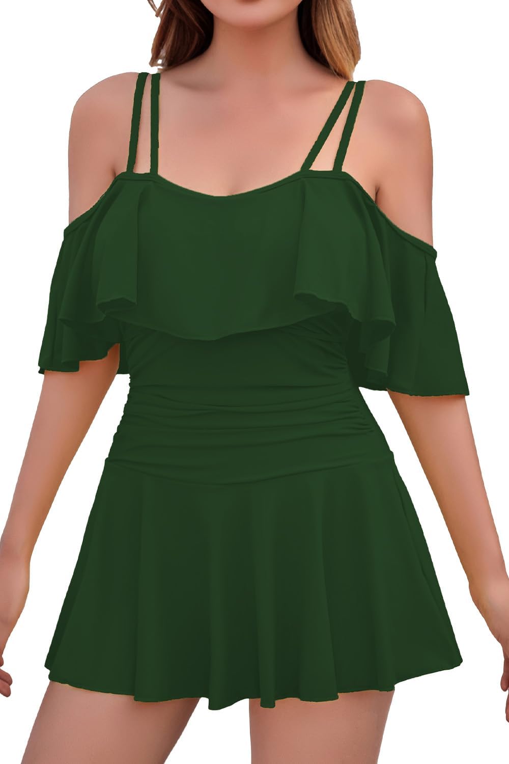 Manufacturer  COCOPEAR Women's One Piece Flounce Swimsuit Off Shoulder Bathing Suit Tummy Control Swimdress  Swimsuit