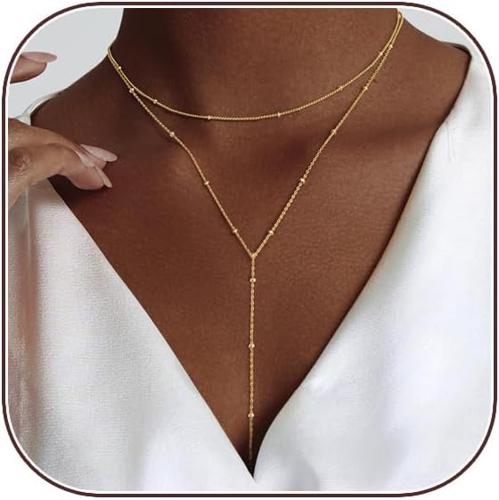 Manufacturer  Lariat Gold Necklace for Women, Dainty Long Necklace 14k Gold Plated/Silver Y-Shaped Layered Beaded Chain Drop Necklaces for Women Trendy Simple Gold Jewelry for Women Gifts  Necklace