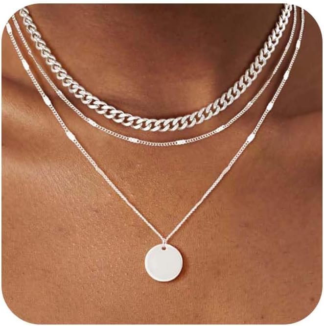 Manufacturer  Layered Gold Silver Necklaces for Women, Stackable Stack 14K Real Gold Plated Silver Chain Necklace Diamond Circle CZ Layering Pendant Necklaces Trendy Gold Jewelry Set Gifts  Necklace