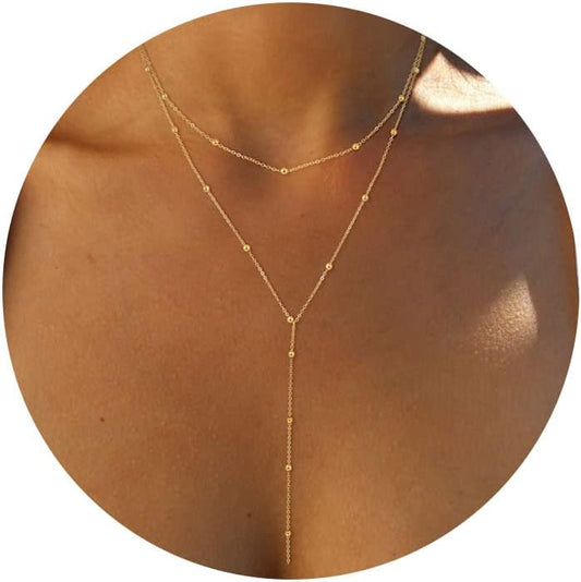 Manufacturer  Foxgirl Lariat Gold Necklace for Women, Dainty Long Necklace 14k Gold Plated/Silver Y-Shaped Pendant Necklace Trendy Layered Cz Beaded Chain Drop Necklaces Simple Gold Jewelry For Women Gift  Necklace