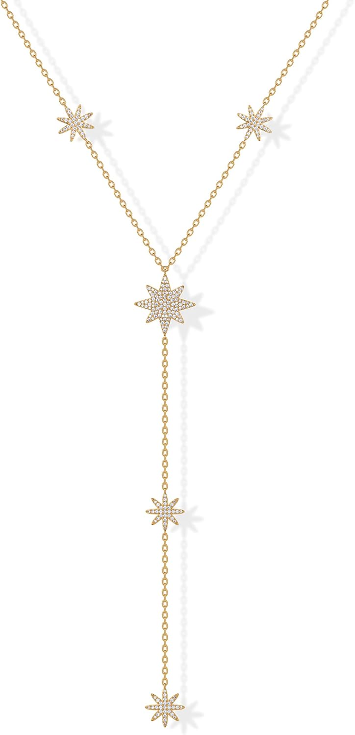 Manufacturer  PAVOI 14K Gold Plated Drop Lariat Chain for Women - Gold Cubic Zirconia Long Necklace - Station Star Layered Beaded Y Necklace  necklace