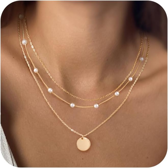 Manufacturer  Gold/Silver Necklaces Stack For Women,14K Gold/Sterling Silver Plated Simple Layered Choker Necklaces For Women,Stackable Multilayer Pearl Cross Disc Circle Pendant Cuban Herringbone Snake Paperclip Chain Necklaces