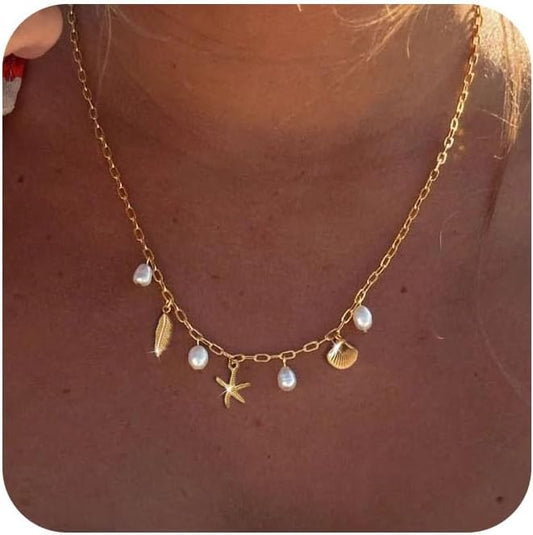 Manufacturer  Charm Necklace for Women - Dainty Gold Paperclip Beach Charm Necklace Cute Shell Necklace Moon Star Accessory Beach Cross Hexagram Pendant Preppy Stuff Summer Jewelry for Women  necklace