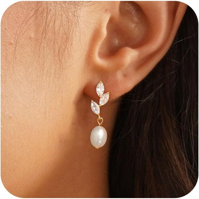 Manufacturer  Dainty Gold Pearl Earrings for Women, Trendy 14k Gold Filled Freshwater CZ Leaf Bow Pearl Dangle Drop Earrings Lightweight Hypoallergenic Bridesmaid Stud Earring Wedding Statement Jewelry for Women Gifts  earring