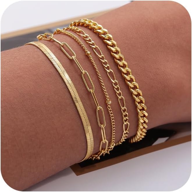 Manufacturer  DEARMAY Gold Bracelets for Women Waterproof, 14K Real Gold Jewelry Sets Trendy Thin Dainty Stackable Cuban Link Paperclip Chain Bracelet Pack Fashion Accessories Gifts for Womens  bracelets