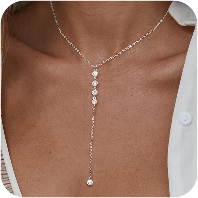 Manufacturer  Foxgirl Lariat Gold Necklace for Women, Dainty Long Necklace 14k Gold Plated/Silver Y-Shaped Pendant Necklace Trendy Layered Cz Beaded Chain Drop Necklaces Simple Gold Jewelry For Women Gift  Necklace