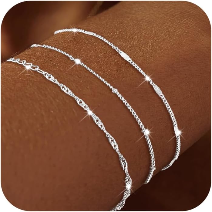 Manufacturer  DEARMAY Dainty Silver Bracelets for Women Trendy, 925 Sterling Silver Jewelry Set for Women Bracelets for Women Paperclip Box Herringbone Figaro Rope Chain Bracelet Fashion Pack Gifts for Women  bracelets