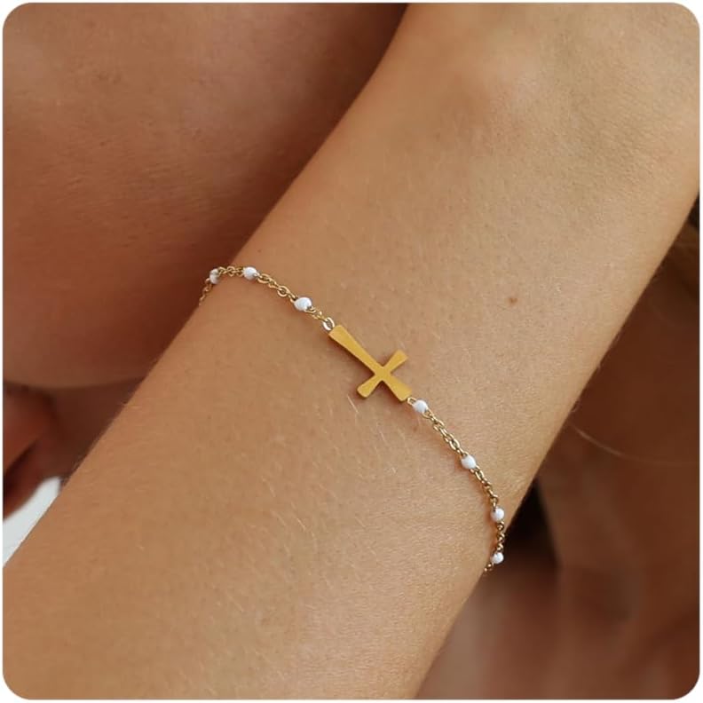 Manufacturer  18K Gold Plated Pearl Beaded Chain Cross Bracelets for Women Adjustable Stainless Steel Dainty Thin Gold Box Cuban Twisted Link Chain Bracelet Bridesmaid Jewelry  bracelets