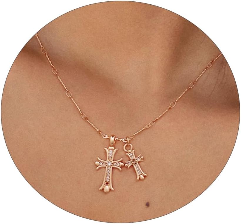 Manufacturer  Cross Necklace 14K Gold/Silver Plated Double Cross Pendant Necklace Dainty Diamond Cross Charm Link Chain Choker Delicate Faith Jewelry Religious Gifts for Women  necklace