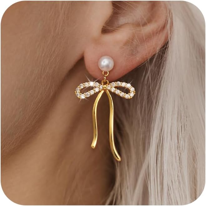 Manufacturer  14K Gold Plated/Silver Earrings for Women Trendy, Dainty Bow Earrings for Women Cute Pearl Huggie Earring Hoops Twist Rope Bow Stud Pearl Dangle Cubic Zirconia Earrings Jewelry Gifts  earring