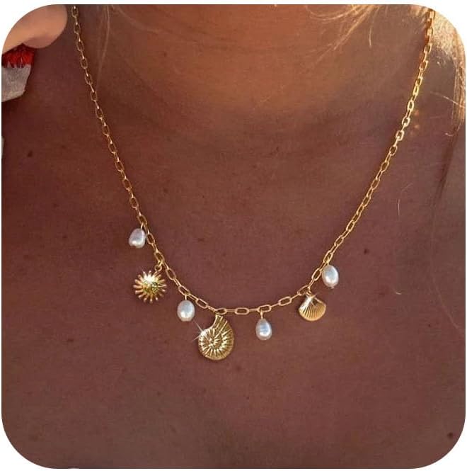 Manufacturer  Charm Necklace for Women - Dainty Gold Paperclip Beach Charm Necklace Cute Shell Necklace Moon Star Accessory Beach Cross Hexagram Pendant Preppy Stuff Summer Jewelry for Women  necklace