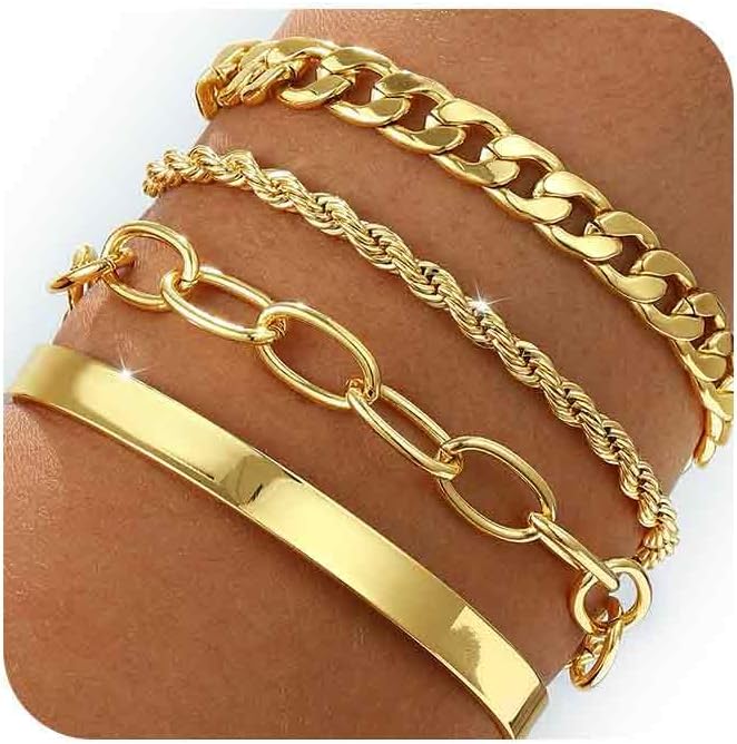 Manufacturer  Gold Bracelets for women 14K Gold Bangle Bracelet Stack - Adjustable Waterproof Trendy Bracelets Gold Filled Stacks Bangles Link Chain Gold Bracelet Non Tarnish for Women Jewelry Gifts  bracelets