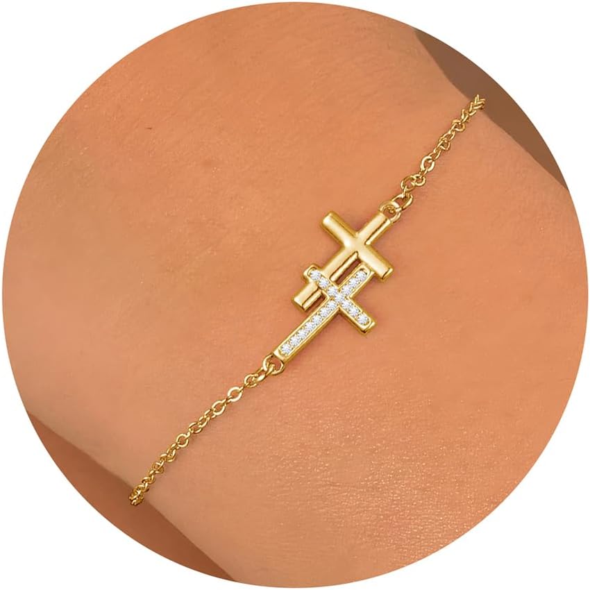 Manufacturer  Turandoss Gold Cross Bracelets for Women - 14K Gold Plated Satellite Bead CZ Pearl Holy Mary Medal Cross Bracelet Dainty Bracelets for Women Faith Jewelry Christian Baptism Religious Gifts  bracelets
