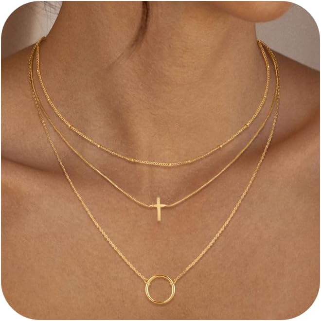 Manufacturer  Gold/Silver Necklaces Stack For Women,14K Gold/Sterling Silver Plated Simple Layered Choker Necklaces For Women,Stackable Multilayer Pearl Cross Disc Circle Pendant Cuban Herringbone Snake Paperclip Chain Necklaces
