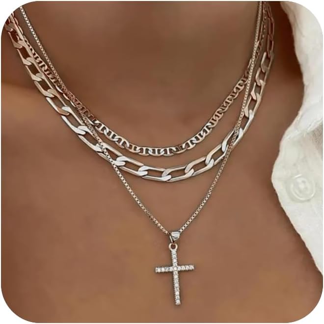 Manufacturer  Cross Necklace for Women,Stackable Stacked Stacking Layering Layered Necklaces Dainty Gold Necklace Paperclip Box Flat Mariner Chain Necklace Cross Pendant CZ Diamond Simple Jewelry Gift  Necklace