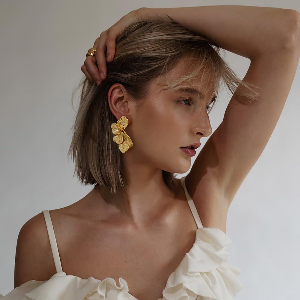 Manufacturer  Chunky Gold Statement Earrings For Women Gold Plated Sectored Flower Leaf Shell Angel Wing Earrings Large Stud Earrings Hypoallergenic Earrings  earring