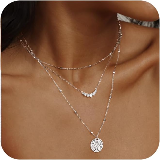 Manufacturer  Layered Gold Silver Necklaces for Women, Stackable Stack 14K Real Gold Plated Silver Chain Necklace Diamond Circle CZ Layering Pendant Necklaces Trendy Gold Jewelry Set Gifts  Necklace