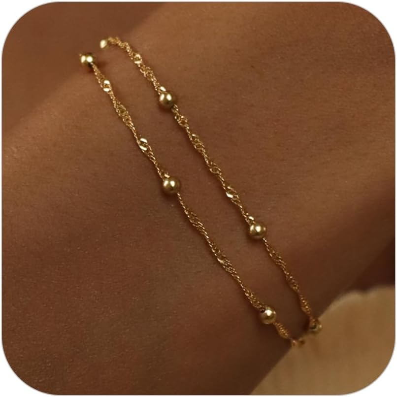 Manufacturer  SLOONG Gold Bracelets for Women Trendy, 14K Real Gold Plated Dainty Stackable Pearl Snake Chain CZ Heart Pendant Bracelets, Layered Waterproof Jewelry Gift for Women Adjustable 6"+2"  bracelets